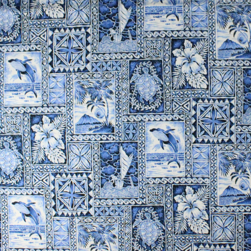 Fabric by the Yard, Hawaiian Print: Ocean Blue Tapa