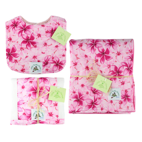 3-piece gift set: Bib, Burp Cloth and Baby Blanket in Melia Plumeria Pink Hawaiian Print, Ready to Ship