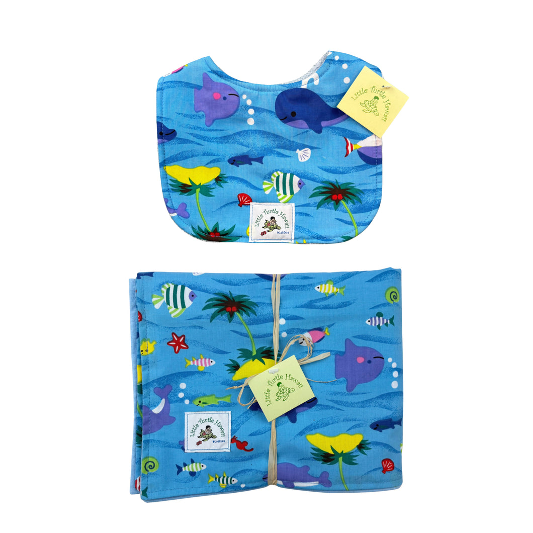 2-Piece Gift Set: Baby Blanket + Bib: Water Babies Blue