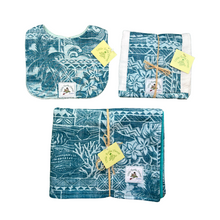 Load image into Gallery viewer, Kaiʻolu Teal Hawaiian print baby gift set with bib, burp cloth and blanket