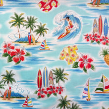 Load image into Gallery viewer, Blue Hawaii Teal Hawaiian print fabric with surfers, sailboats, palm trees and red hibiscus