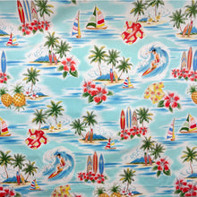 Load image into Gallery viewer, Blue Hawaii Teal Hawaiian print fabric with surfboards, pineapples and aloha shirts