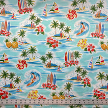 Load image into Gallery viewer, Blue Hawaii Teal Hawaiian print fabric shown with a ruler for scale