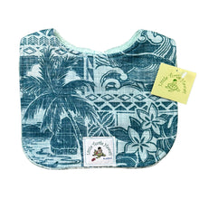 Load image into Gallery viewer, Kaiʻolu Teal Hawaiian print baby bib with Little Turtle Hawaii label