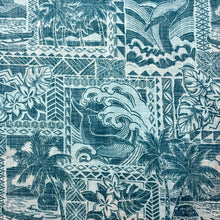 Load image into Gallery viewer, Kaiʻolu Teal reverse aloha print fabric with palm trees, whales, waves and plumeria