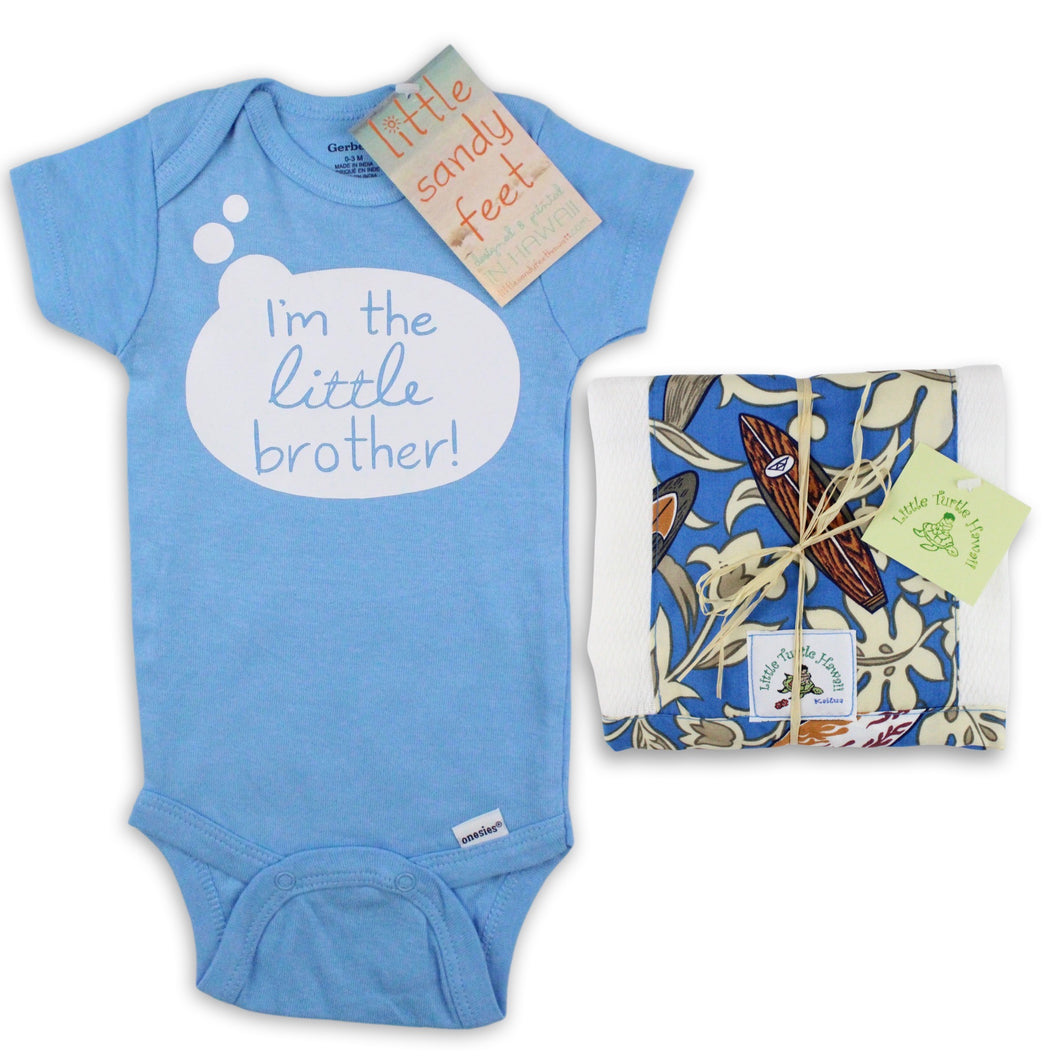 2-Piece Gift Set: Little Brother Onesie + Surfer Boy Blue Burp Cloth