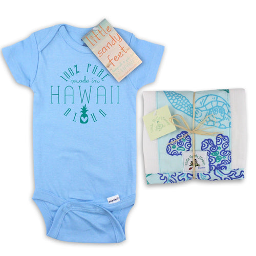 2 Piece Gift Set: Made in Hawaii Onesie + Coral Reef Aqua Burp Cloth