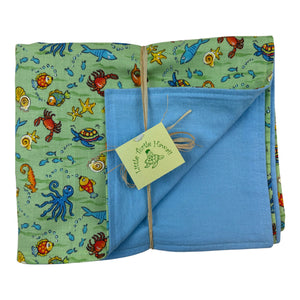 4-Piece Gift Set: Bib + Burp Cloth + Baby Blanket + Hooded Towel: Fish Tales Green