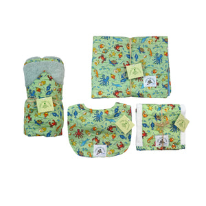 4-Piece Gift Set: Bib + Burp Cloth + Baby Blanket + Hooded Towel: Fish Tales Green