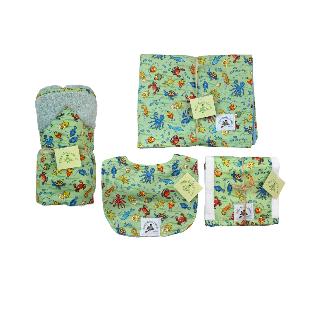 4-Piece Gift Set: Bib + Burp Cloth + Baby Blanket + Hooded Towel: Fish Tales Green