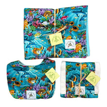 Load image into Gallery viewer, 3-Piece Gift Set: Bib + Burp Cloth + Baby Blanket: Ocean Reef Dreams Aqua