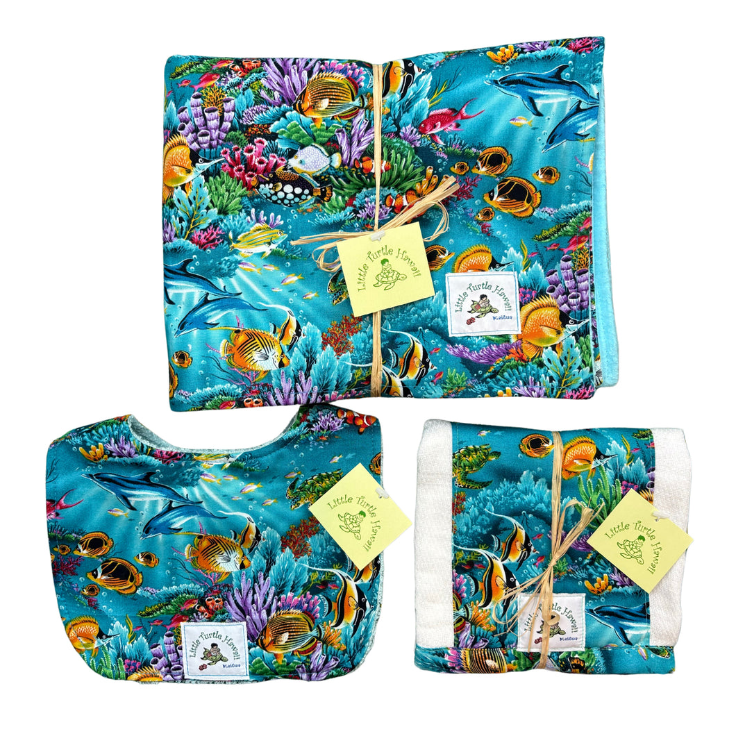 3-Piece Gift Set: Bib + Burp Cloth + Baby Blanket: Ocean Reef Dreams Aqua