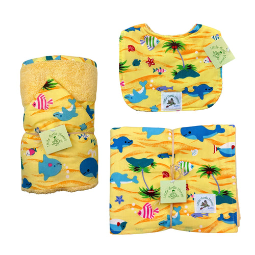 3-Piece Gift Set: Bib + Burp Cloth + Hooded Towel: Water Babies Yellow