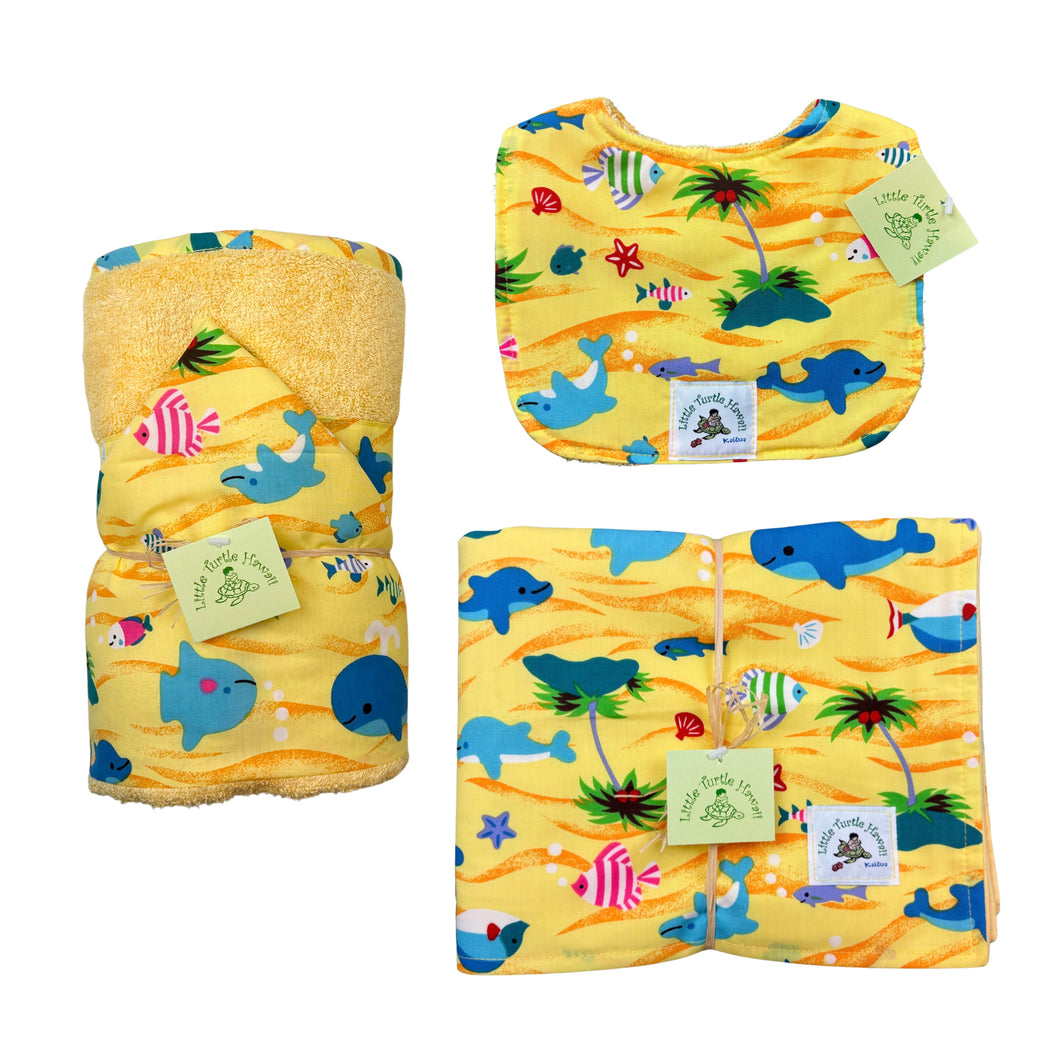 3-Piece Gift Set: Bib + Burp Cloth + Hooded Towel: Water Babies Yellow