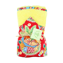 Load image into Gallery viewer, 3-Piece Gift Set: Bib + Burp Cloth + Hooded Towel: Luau Lulu Red &amp; Yellow