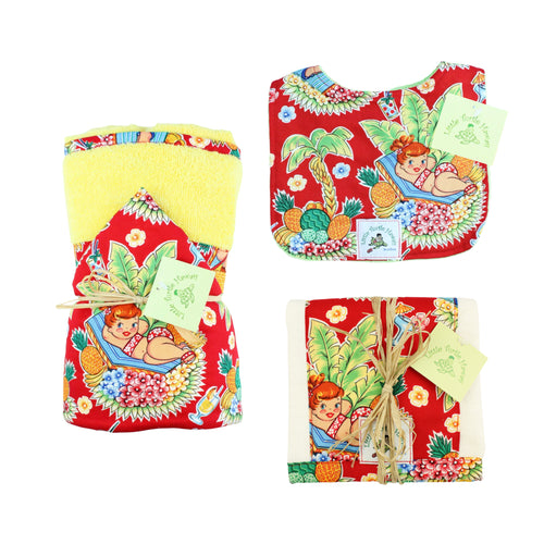 3-Piece Gift Set: Bib + Burp Cloth + Hooded Towel: Luau Lulu Red & Yellow