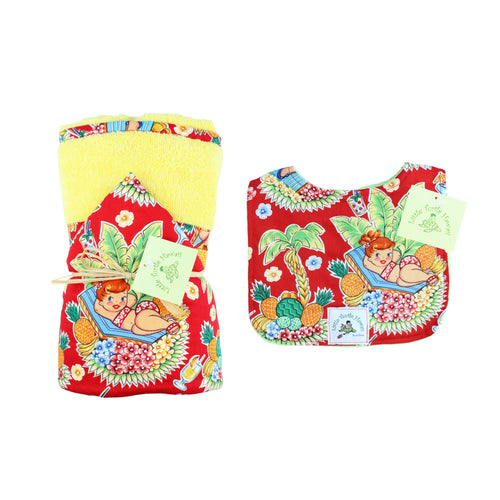 2-Piece Gift Set: Bib + Hooded Towel: Luau Lulu Red & Yellow