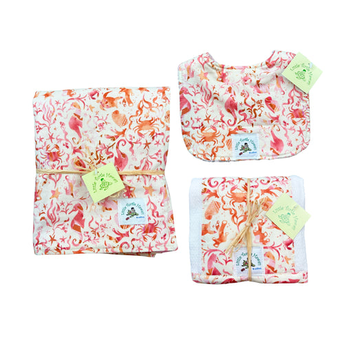 3-Piece Gift Set: Bib + Burp Cloth + Baby Blanket: Seashore Pink