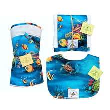 Load image into Gallery viewer, 3-Piece Gift Set: Bib + Burp Cloth + Hooded Towel: Honu Dreams Turquoise