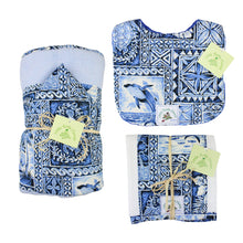 Load image into Gallery viewer, 3-Piece Gift Set: Bib + Burp Cloth + Hooded Towel: Ocean Blue Tapa
