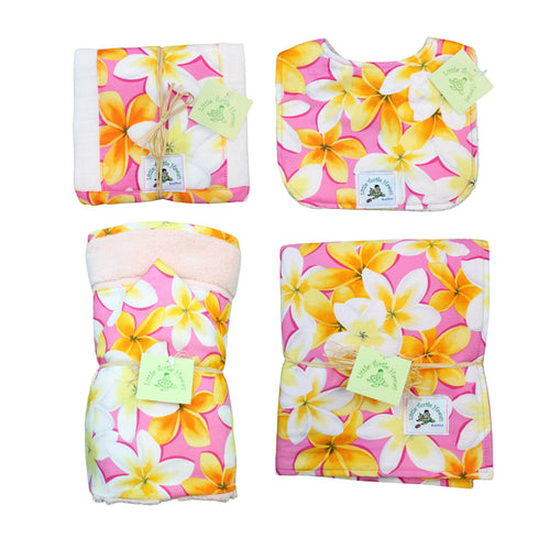 4-Piece Gift Set: Bib + Burp Cloth + Baby Blanket + Hooded Towel: Lei Aloha Pink and Yellow