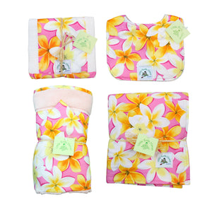 4-Piece Gift Set: Bib + Burp Cloth + Baby Blanket + Hooded Towel: Lei Aloha Pink and Yellow