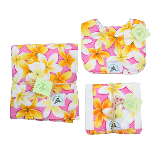 3-Piece Gift Set: Bib + Burp Cloth + Baby Blanket: Lei Aloha Pink and Yellow