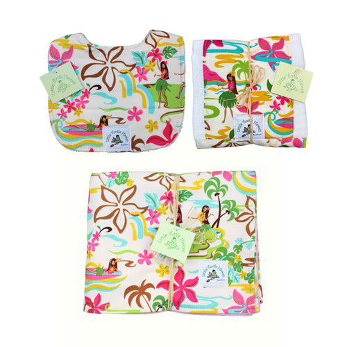 3-Piece Gift Set: Bib + Burp Cloth + Baby Blanket: Hula Honeys Cream
