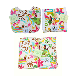 3-Piece Gift Set: Bib + Burp Cloth + Baby Blanket: Hula Honeys Cream