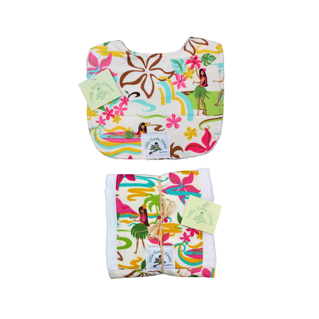2-Piece Gift Set: Bib + Burp Cloth: Hula Honey's Cream