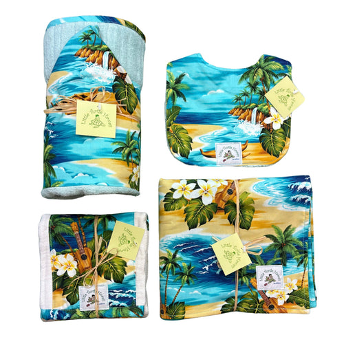 4-Piece Gift Set: Bib + Burp Cloth + Baby Blanket + Hooded Towel: Ocean Mele Aqua