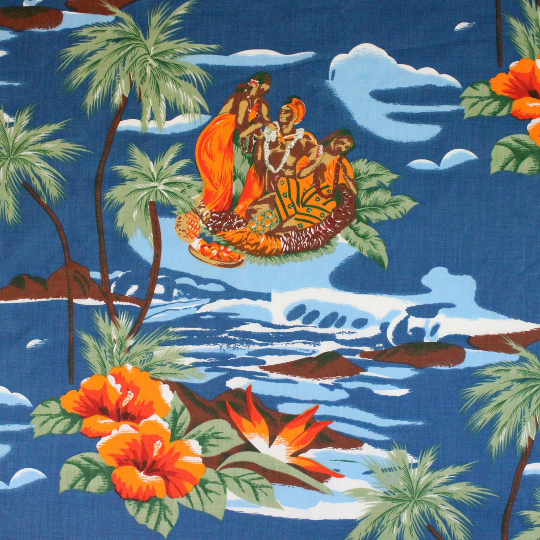 Vintage Fabric By the Yard, Hawaiian Print: Kamehameha Ali'i Nui Blue Hawaiian