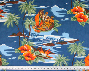 Vintage Fabric By the Yard, Hawaiian Print: Kamehameha Ali'i Nui Blue Hawaiian