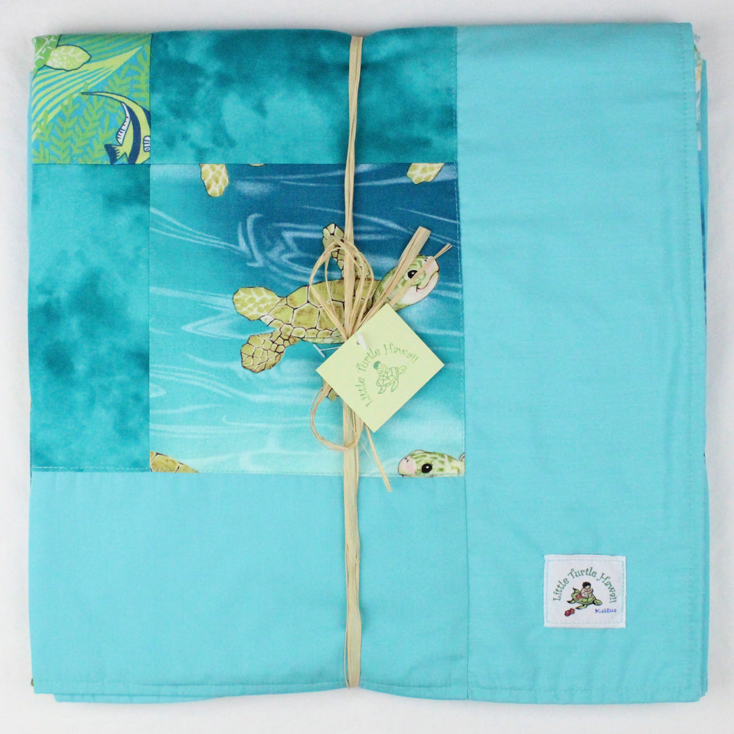 Hawaiian Baby and Toddler Patchwork Blanket: Ekahi Aqua Little Honu Patchwork