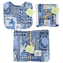 Load image into Gallery viewer, 3-Piece Gift Set: Bib + Burp Cloth + Baby Blanket: Ocean Blue Tapa