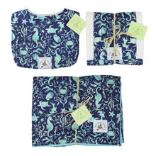Load image into Gallery viewer, 3-Piece Gift Set: Bib + Burp Cloth + Baby Blanket: Seashore Blue