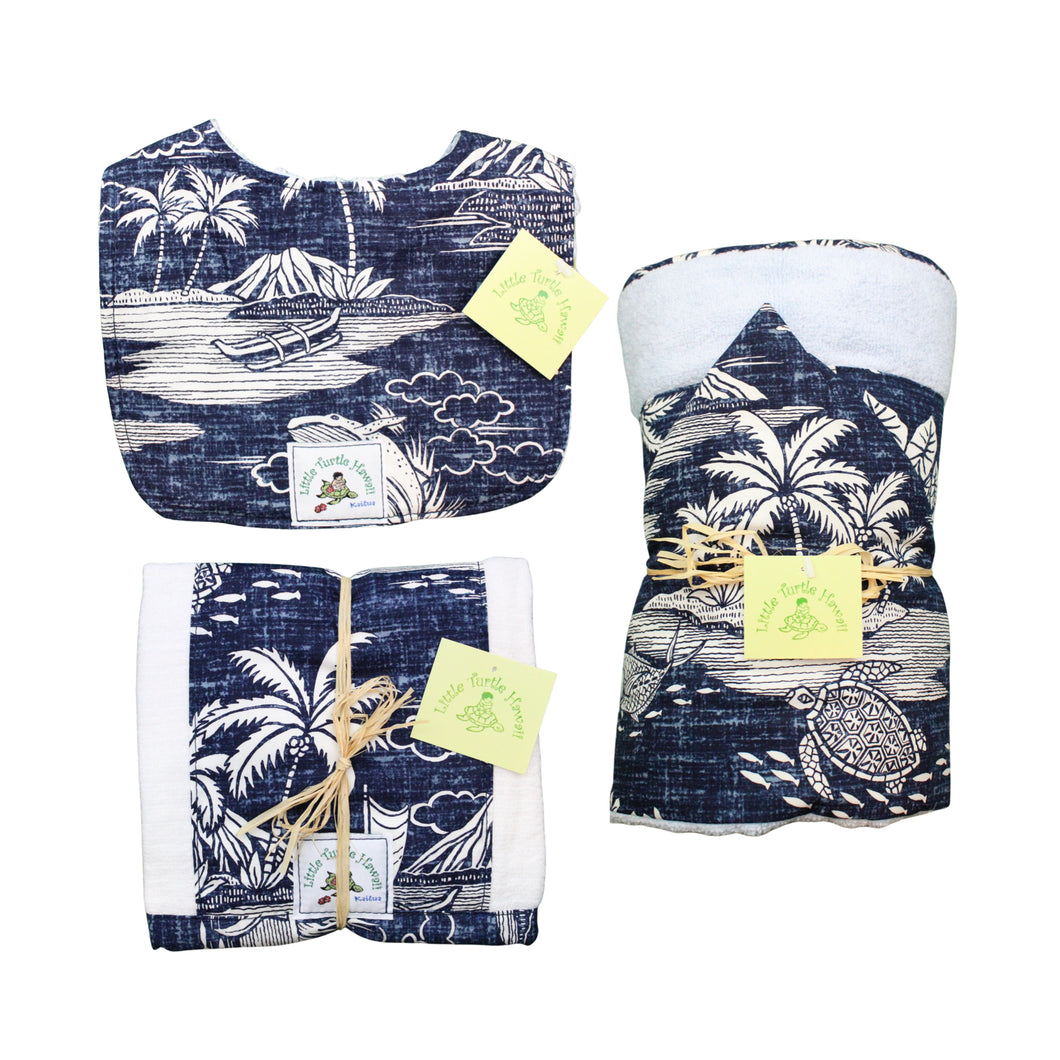 3-Piece Gift Set: Bib + Burp Cloth + Hooded Towel: Ikaika Blue
