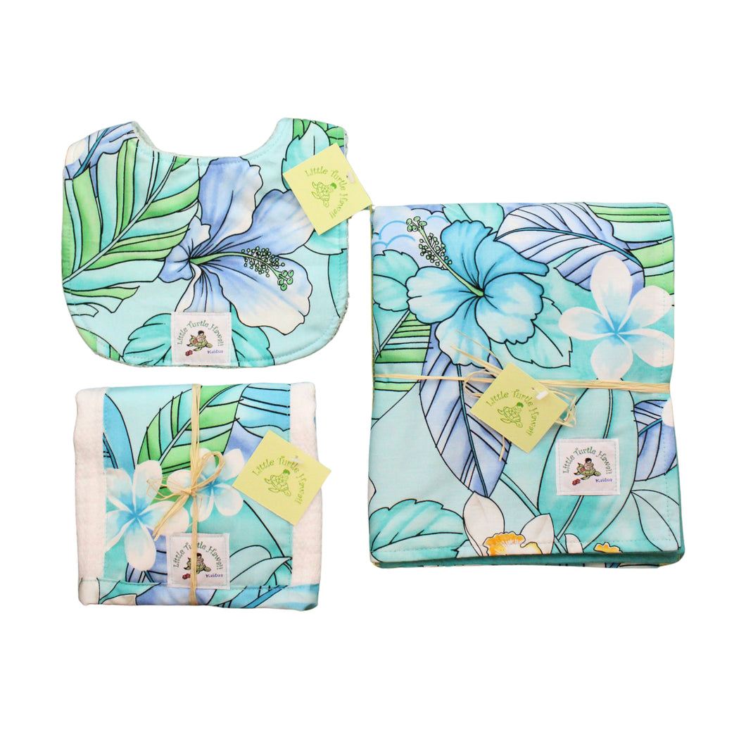 3-Piece Gift Set: Bib + Burp Cloth + Baby Blanket: Kamalani Aqua